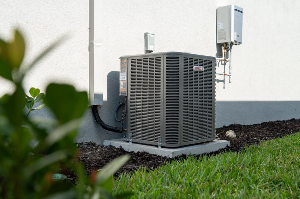 A brand new Lennox AC condenser in a new construction home in Florida
