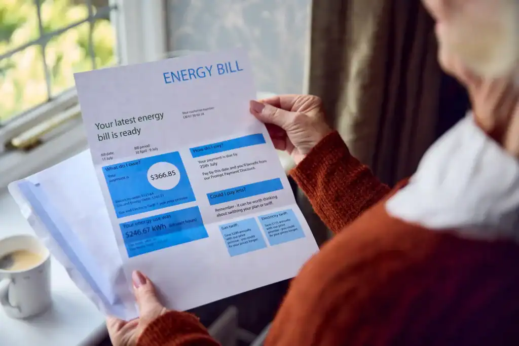 close up of senior woman opening energy bill