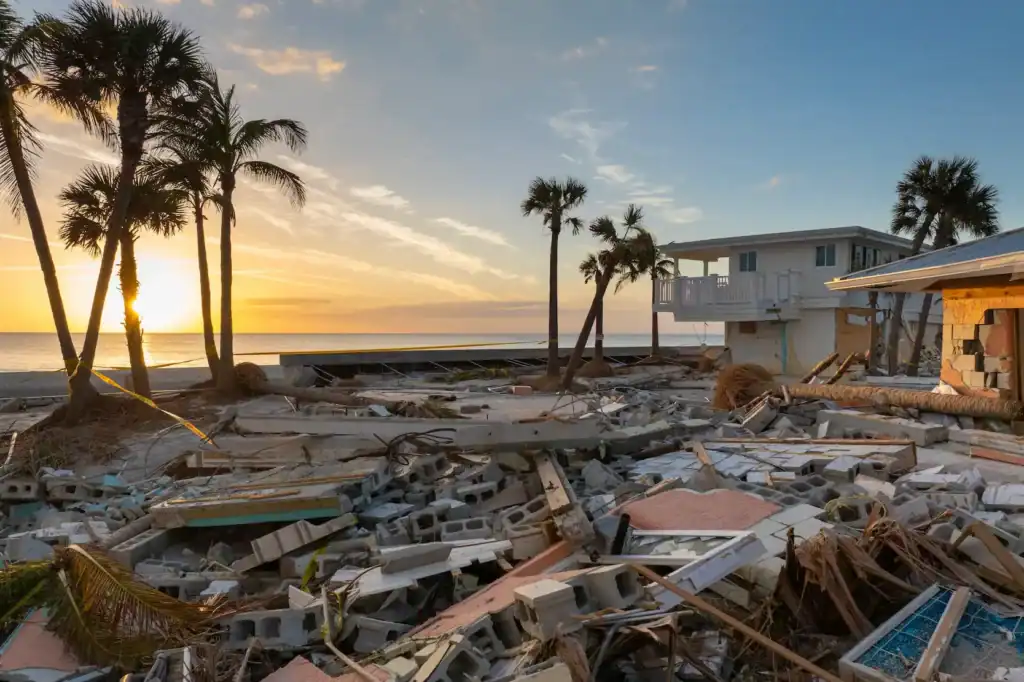 Aftermath of a hurricane, destroyed homes and scattered palm trees. Location is on a beach at sunset