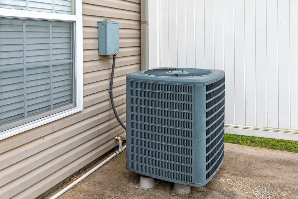 AC unit outside of a home sitting on a concrete slab.