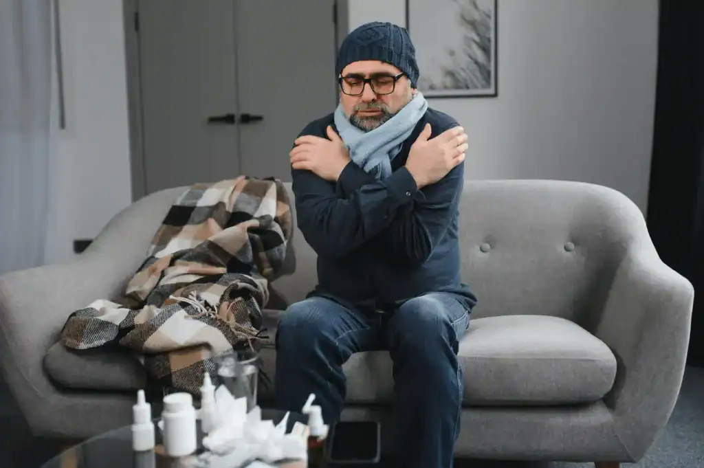 Man with a cold bundled up on his couch
