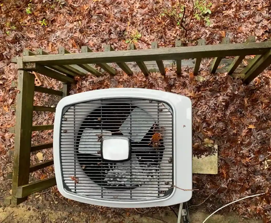 Outdoor Air Conditioner unit surrounded by fall leaves.