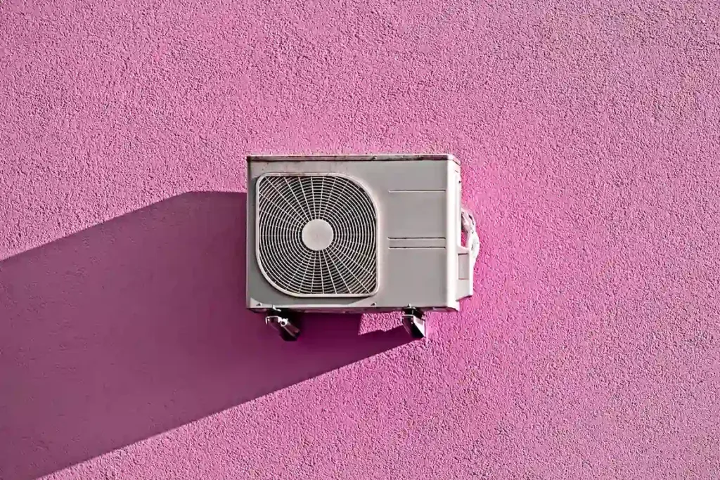AC unit mounted on a pink textured wall